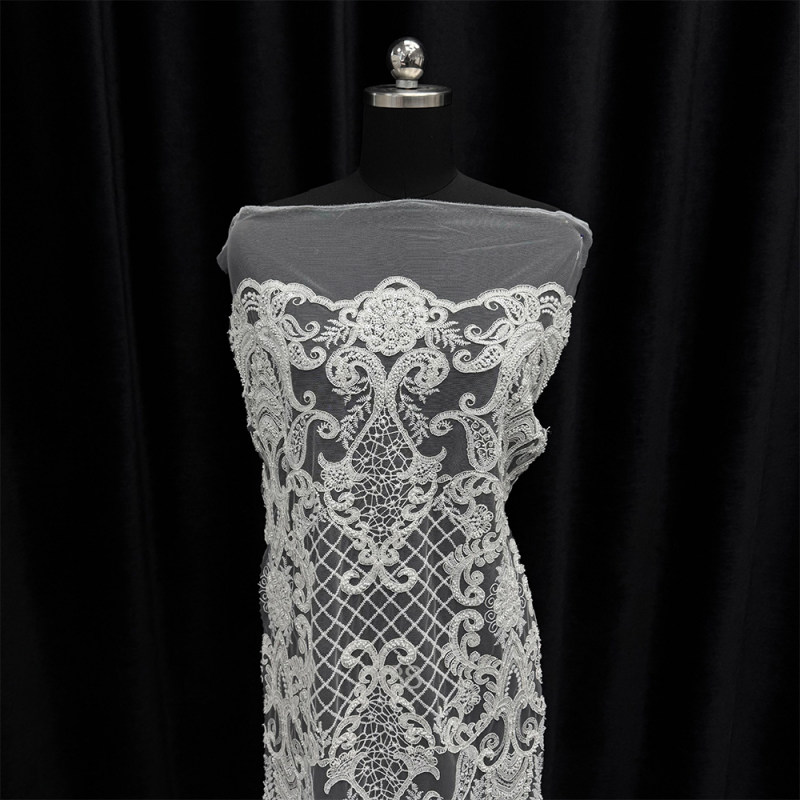 GCW-ACUV120878 | Beaded Geometric Lattice Tulle Lace | Art Deco Scrollwork Bridal Fabric